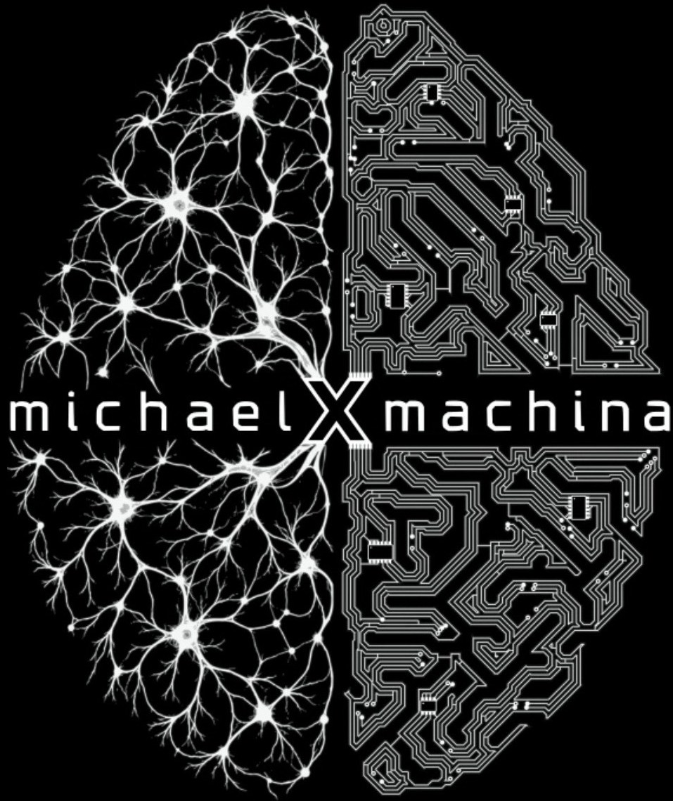 Michael X Machina logo, half neural network and half circuit board